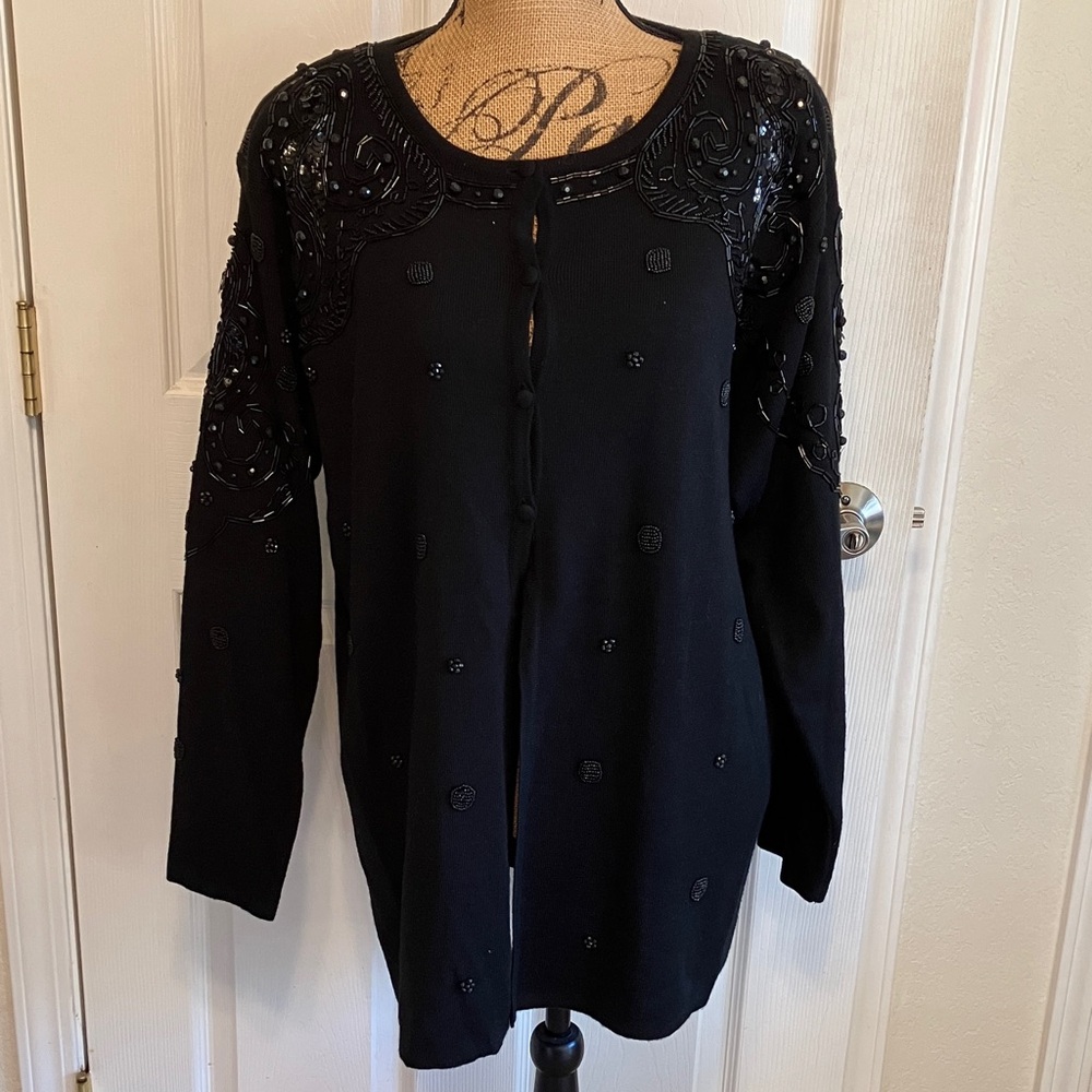Vintage 80’s Doncaster beaded wool knit long black elegant evening cardigan L